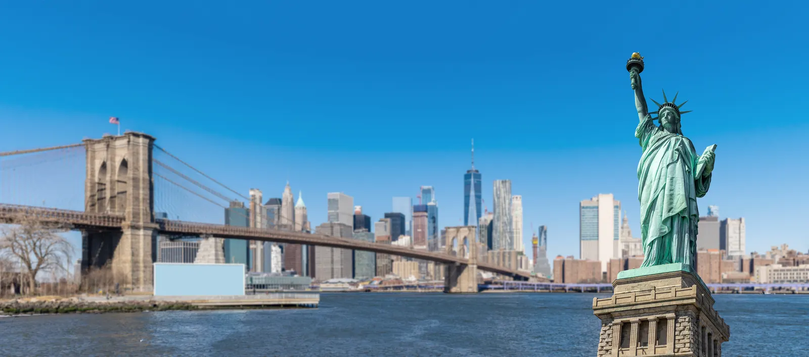 The Brooklyn Bridge and the Statue of Liberty